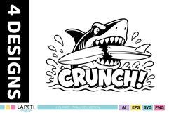 Crunch shark illustration biting a surfboard with comic text.