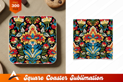 Vibrant Floral Embroidery Pattern Black Background Coaster Product Image 1