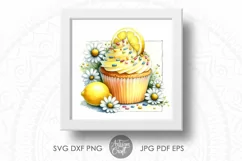 watercolor clipart shows a cupcake with lemon wedge, colorful sprinkles, and yellow frosting as digital download PNG file with transparent background
