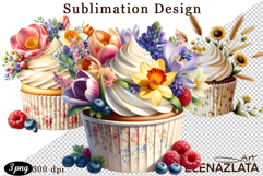 Cute Floral Cupcake Sublimation | Flower &amp; Berry Dessert PNG Product Image 1