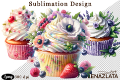 Cute Floral Cupcake Sublimation | Flower &amp; Berry Dessert PNG Product Image 1