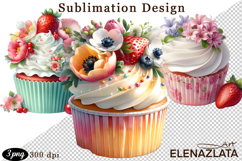 Cute Floral Cupcake Sublimation | Flower &amp; Berry Dessert PNG Product Image 1