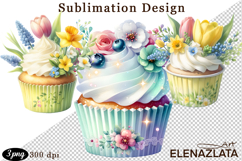 Cute Floral Cupcake Sublimation | Flower &amp; Berry Dessert PNG Product Image 1
