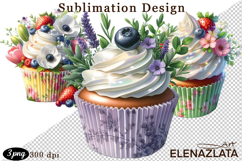 Cute Floral Cupcake Sublimation | Flower &amp; Berry Dessert PNG Product Image 1