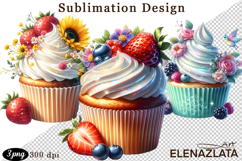 Cute Floral Cupcake Sublimation | Flower &amp; Berry Dessert PNG Product Image 1
