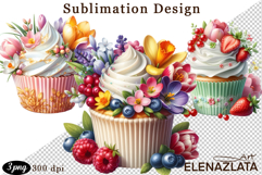 Cute Floral Cupcake Sublimation | Flower &amp; Berry Dessert PNG Product Image 1