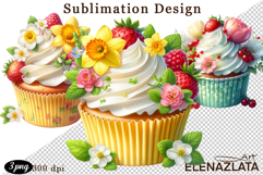 Cute Floral Cupcake Sublimation | Flower &amp; Berry Dessert PNG Product Image 1