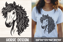 Western horse head with large curly mane in black line art SVG for cowgirl t shirts and farmhouse decor.
