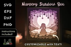 3D baby nursery light box svg template with layered little girl sitting on clouds looking at the moon and customizable name