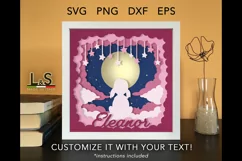 3D baby nursery shadowbox svg template with layered little girl sitting on clouds looking at the moon and customizable name