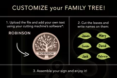 Customizable family sign svg cut file with layered family tree and leaves with names