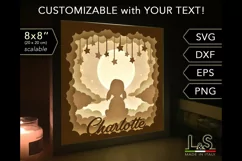 3D baby nursery lightbox svg template with layered little girl sitting on clouds looking at the moon and customizable name