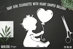 Baby girl silhouette with heart shaped balloon SVG EPS PNG. Product Image 1