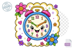 Cute Alarm Clock School Clipart PNG with Smiley Flowers Product Image 1