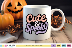 Cute and Spooky Halloween SVG lettering in pastel colors printed on a white mug with pumpkins in the background.
