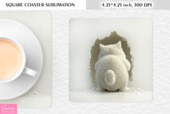 3d Cute Funny White Cat Back View|Broken Wall Square Coaster Product Image 1