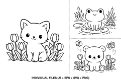 Kawaii cat, frog, and bear spring illustrations in clean black line art, perfect for coloring and crafts.