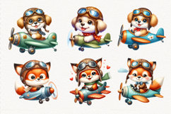 Cute watercolor animals flying in airplanes – sublimation clipart bundle with puppy, panda, bunny, giraffe, fox, tiger, turtle, zebra, cow, leopard, and unicorn. Perfect for kids, stickers, t-shirts, and nursery decor.