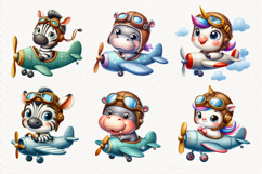 Cute watercolor animals flying in airplanes – sublimation clipart bundle with puppy, panda, bunny, giraffe, fox, tiger, turtle, zebra, cow, leopard, and unicorn. Perfect for kids, stickers, t-shirts, and nursery decor.