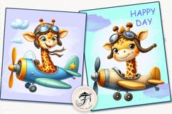 Cute watercolor animals flying in airplanes – sublimation clipart bundle with puppy, panda, bunny, giraffe, fox, tiger, turtle, zebra, cow, leopard, and unicorn. Perfect for kids, stickers, t-shirts, and nursery decor.