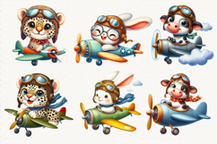 Cute watercolor animals flying in airplanes – sublimation clipart bundle with puppy, panda, bunny, giraffe, fox, tiger, turtle, zebra, cow, leopard, and unicorn. Perfect for kids, stickers, t-shirts, and nursery decor.