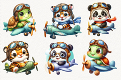 Cute watercolor animals flying in airplanes – sublimation clipart bundle with puppy, panda, bunny, giraffe, fox, tiger, turtle, zebra, cow, leopard, and unicorn. Perfect for kids, stickers, t-shirts, and nursery decor.