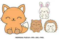Collection of four cute woodland baby animal clipart illustrations featuring a fox, bunny, owl and hedgehog for children's scrapbooking and memory albums.