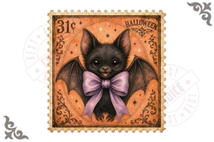 Cute Baby Bat With Bow Halloween Stamp Clipart PNG Product Image 1