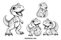 Four adorable black and white baby dinosaur PNG illustrations featuring playful T-Rex characters in different poses.