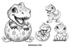 Four cute black and white baby dinosaur illustrations in playful poses