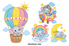 Four colorful baby elephant PNG illustrations featuring a hot air balloon, airplane, rainbow and crescent moon in a playful crayon style.