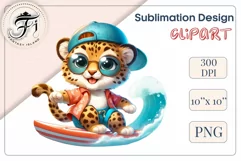 Explore this adorable cartoon baby leopard surfer clipart perfect for children's parties, summer events, birthday invitations, t-shirt designs, sublimation prints, scrapbooking, and more. Bring a fun, summer vibe to your projects.