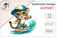Explore this adorable cartoon baby leopard surfer clipart perfect for children's parties, summer events, birthday invitations, t-shirt designs, sublimation prints, scrapbooking, and more. Bring a fun, summer vibe to your projects.