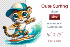 Explore this adorable cartoon baby leopard surfer clipart perfect for children's parties, summer events, birthday invitations, t-shirt designs, sublimation prints, scrapbooking, and more. Bring a fun, summer vibe to your projects.
