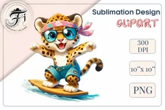 Explore this adorable cartoon baby leopard surfer clipart perfect for children's parties, summer events, birthday invitations, t-shirt designs, sublimation prints, scrapbooking, and more. Bring a fun, summer vibe to your projects.