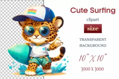 Explore this adorable cartoon baby leopard surfer clipart perfect for children's parties, summer events, birthday invitations, t-shirt designs, sublimation prints, scrapbooking, and more. Bring a fun, summer vibe to your projects.