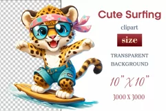 Explore this adorable cartoon baby leopard surfer clipart perfect for children's parties, summer events, birthday invitations, t-shirt designs, sublimation prints, scrapbooking, and more. Bring a fun, summer vibe to your projects.