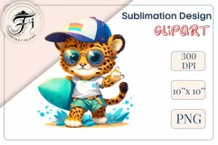 Explore this adorable cartoon baby leopard surfer clipart perfect for children's parties, summer events, birthday invitations, t-shirt designs, sublimation prints, scrapbooking, and more. Bring a fun, summer vibe to your projects.