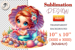 Cute baby mermaid sitting in seashell and holding  starfish, surrounded by pastel corals and shells, perfect for nursery art, kids sublimation, and ocean-themed crafts.
