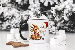 Painted Christmas PNG showing Santa booping a seated baby reindeer on the nose, surrounded by snow, evergreen sprigs, berries, gold stars and delicate snowflakes.