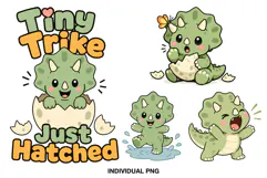 Four cute green baby triceratops designs with playful poses and soft colors