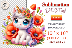 Unicorn with red poppies – sublimation PNG for kids’ designs.