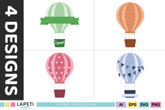 Four individual hot air balloon graphics for baby shower stationery and party printables.