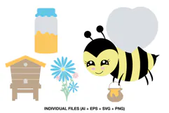Four cute bee-themed illustrations with bumble bee, beehive, honey jar and flowers