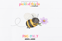 Watercolor illustration of a chubby bee holding a purple flower, painted in soft textured washes with black and yellow stripes on a white background.