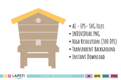 Simple wooden beehive illustration with soft yellow roof and neutral details