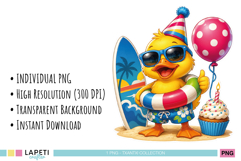 Kids party PNG featuring a duck, cupcake and beach theme.