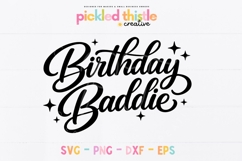 Black “Birthday Baddie” script SVG with thick, smooth connected lettering and small star accents, displayed on a white background for clean Cricut and Silhouette cutting.