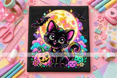 Cute Black Cat Halloween PNG with Moon and Pumpkins Product Image 1