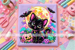 Cute Black Cat Halloween PNG with Moon and Pumpkins Product Image 2